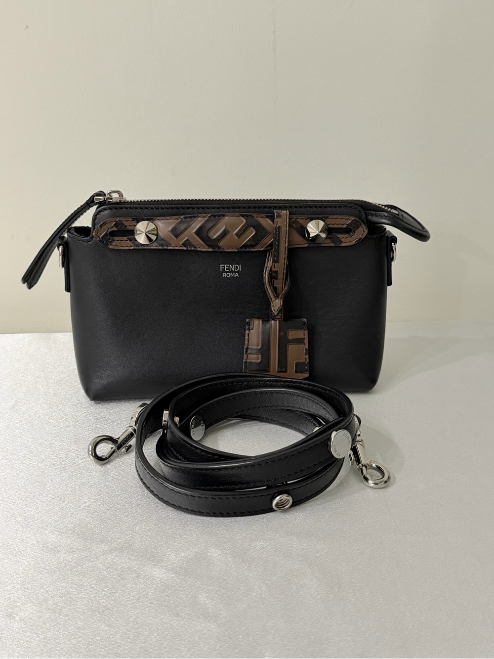 Fendi Black Leather Crossbody with Brown FF Trim - Picture 6 of 15